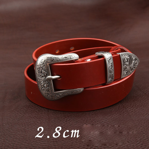 Handmade Red Brown Slim Leather Belt Floral-Embossed Western Womens Silver Leather Belt for Womens
