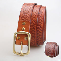 Mens Brown Brass Leather Belts Snake Bone Pattern Handmade Leather Belt for Men