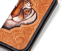 Handmade Leather Mens Clutch Wallet Cool Floral Tiger Tooled Wallet Long Zipper Wallets for Men