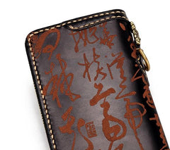 Handmade Leather Mens Chain Chinese Handwriting Biker Wallet Cool Leather Wallet Long Phone Wallets for Men