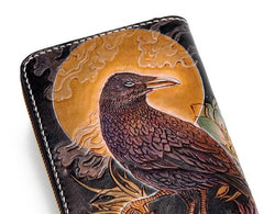 Handmade Leather Mens Clutch Wallet Cool Gold Toad Triped Crow Tooled Wallet Long Zipper Wallets for Men