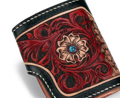 Handmade Leather Small Tooled Floral Mens billfold Wallet Cool Chain Wallet Biker Wallet for Men