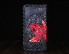 Handmade Leather Mens Clutch Wallet Tooled Cool Carp Wallet Long Zipper Wallets for Men