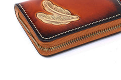 Around Zip Black Tooled Leather Card Wallet Mens Feather Zipper Card Holder for Men