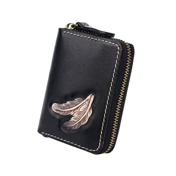 Around Zip Black Tooled Leather Card Wallet Mens Feather Zipper Card Holder for Men