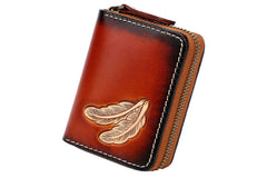 Around Zip Green Tooled Leather Card Wallet Mens Feather Zipper Card Holder for Men