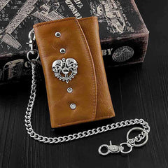 BADASS BROWN SKULL LEATHER MENS TRIFOLD SMALL BIKER WALLETS CHAIN WALLET WALLET WITH CHAIN FOR MEN