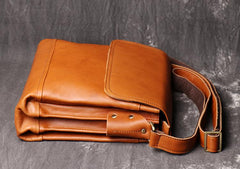 BADASS BROWN YELLOW LEATHER MEN'S 10 inches Side bag Vertical Courier Bag MESSENGER BAG FOR MEN