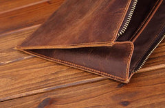 Brown MENS LEATHER SLIM ZIPPER CLUTCH WRISTLET PURSE CLUTCH BAGs FOR MEN