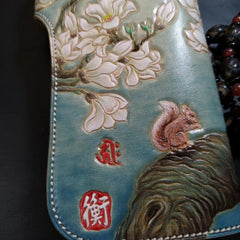 Blue Leather Womens Cherry Blossom Tree Biker Wallet Handmade Tooled Zipper Long Wallets For Men