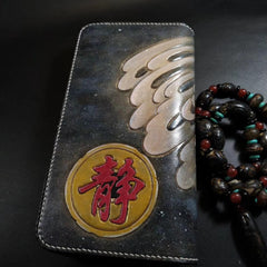 Badass Black Leather Men's Chinese Monster Long Biker Wallet Handmade Tooled Zipper Long Wallets For Men