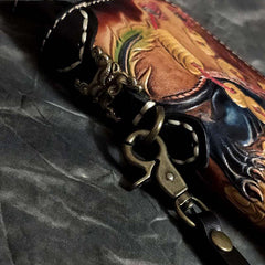 Badass Black Leather Men's Long Biker Handmade Wallet Beast Totem Tooled Zipper Long Chain Wallets For Men