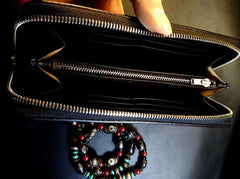 Badass Black Leather Men's Tiger Long Biker Wallet Handmade Tooled Zipper Long Wallet For Men