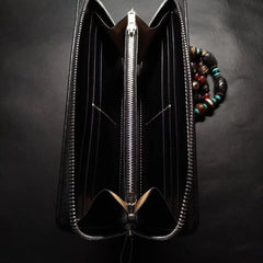 Badass Black Leather Men's Tiger Long Biker Wallet Handmade Tooled Zipper Long Wallets For Men