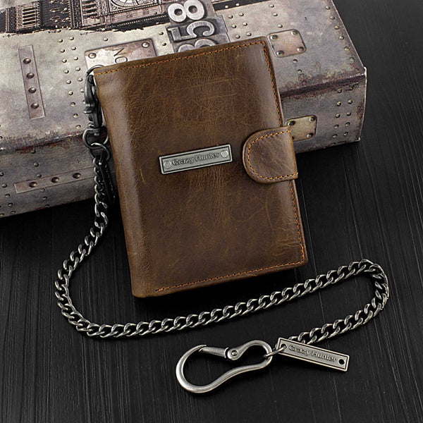 Brown Leather Men's Trifold Small Biker Wallet Chain Wallets Badass Wallet with chain For Men