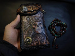 Badass Black Leather Men's Indian Chief Skull Biker Wallet Handmade Tooled Zipper Long Wallets For Men