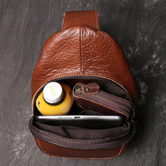 Brown Leather Men's Sling Bag Sling Pack Fashion Brown One shoulder Backpack For Men