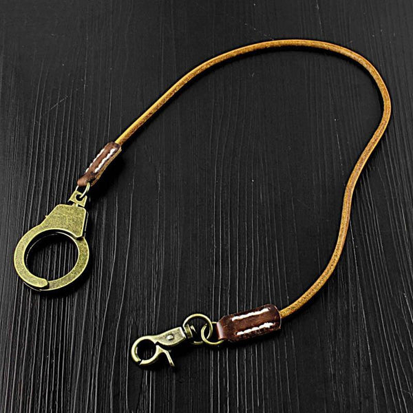 Badass Tan Leather Long Wallet Chain Cool Handcuff Punk Rock Biker Trucker Wallet Chain Trucker Wallet Key Chain for Men