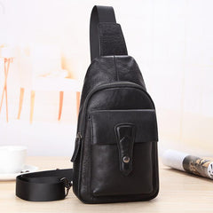 Black Mens Leather Sling Bag Chest Bag One shoulder Black Backpack Sports Bag For Men