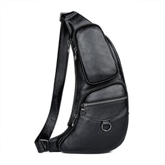 Badass Black Leather Men's Sling Bag Chest Bag One shoulder Backpack Chest Bag For Men