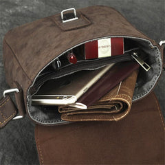 Badass Dark Brown Leather Men's 8 inches Small Side Bag Vertical Postman Messenger Bag For Men