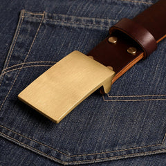 Black Handmade Leather Belt Minimalist Mens Brass Leather Belt for Men
