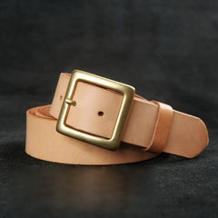 Beige Handmade Leather Belts Minimalist Mens Brass Beige Leather Belts for Men