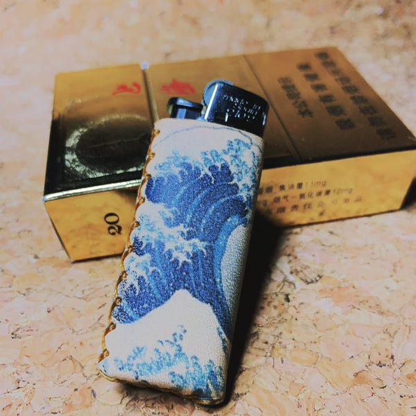 Bic Leather Lighter Case The Great Wave of Kanagawa Leather Bic Lighter Holder Leather Bic Lighter Covers For Men