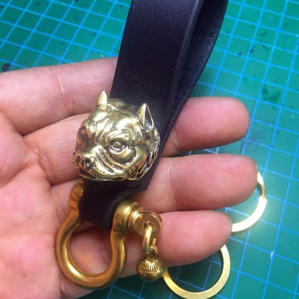 Biker Leather Brass Keyring Moto KeyChain Bulldog Leather Keyring Moto Cross Key Holders Key Chain Key Ring for Men