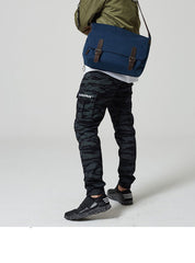 Black Canvas Leather Mens School Bag Messenger Bags Navy Blue Canvas Courier Bag for Men