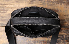 Black Cool Leather Small Zipper Messenger Bag Black Courier Bag Side Bag Black Shoulder Bag For Men