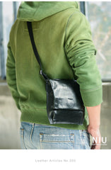 Cool Black Wrinkled Leather Men Vertical Square Side Bags Black Messenger Bag Courier Bag For Men