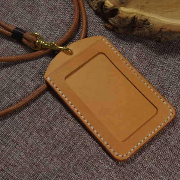 Tan Leather Lanyard for ID Badges Holders Keychain Handmade Neck Strap For ID Window for Men