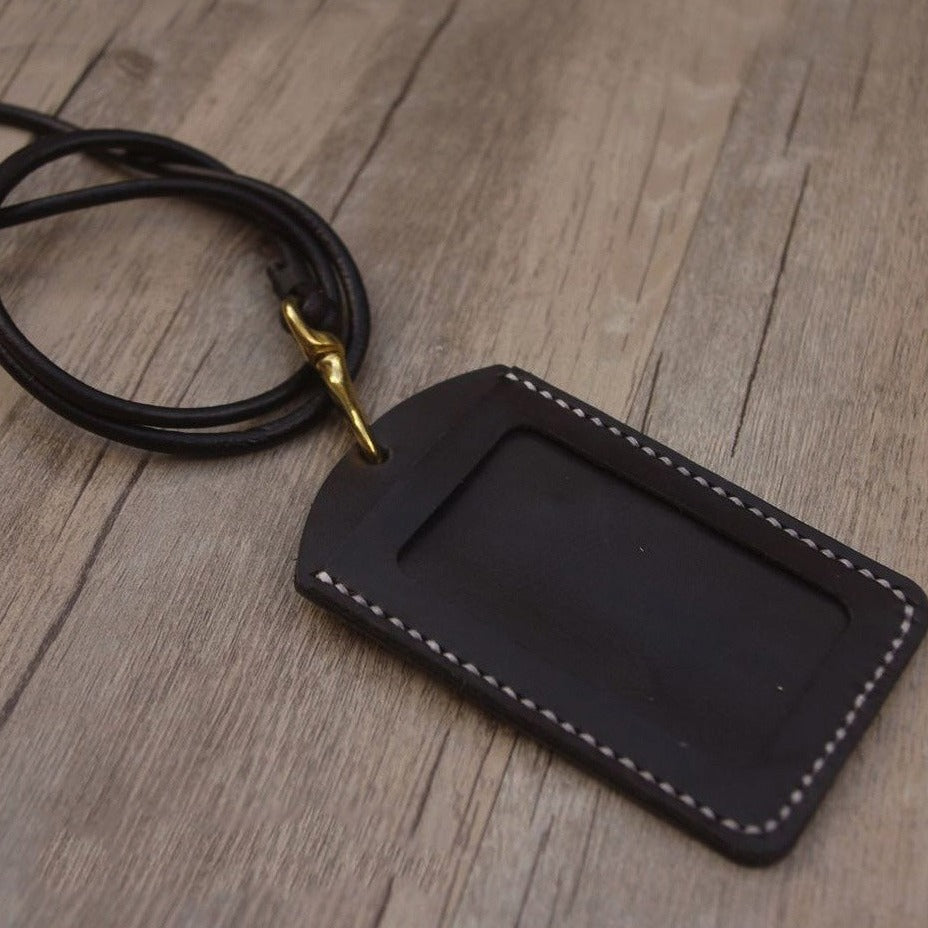 Black Leather Lanyard for ID Badge Holders Keychain Handmade Neck Strap For ID Window for Men