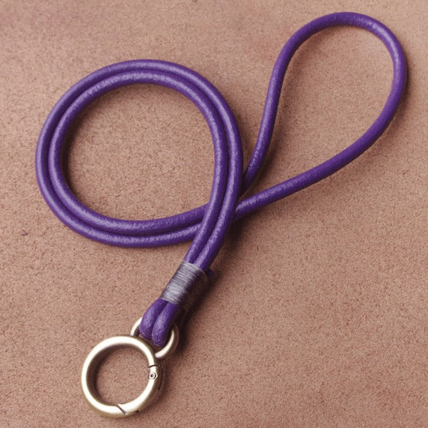 Purple Leather Lanyards for Id Badge Handmade Leather Keychain Key Ring for Women