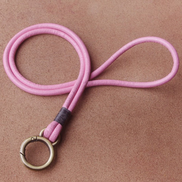 Pink Leather Lanyards for Id Badge Handmade Leather Keychain Key Ring for Women