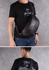 Black Leather Mens Large Sling Bag Leather Sling Pack Postman Bag Fanny Pack Shoulder Bag For Men