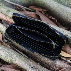 Black Tooled Buddha Leather Wallets Handmade Zipper Long Wallets For Men