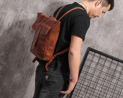 Black Brown Cool Mens Leather Backpack Travel Backpacks Leather Hiking Backpack for Men