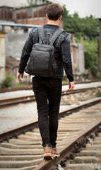 Black Business Mens Leather 14-inch Computer Backpacks Cool Travel Black Backpacks School Backpack for men