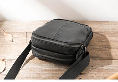 Black Leather Mens Small Vertical Messenger Bag Postman Bag Small Courier Bag for Men