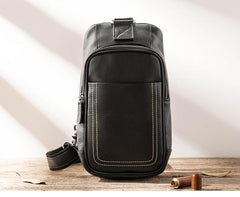 Black Leather Mens Large Sling Bag Chest Bag Sling Pack Black One Shoulder Backpack for Men