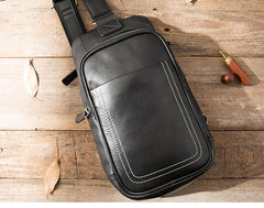 Black Leather Mens Large Sling Bag Chest Bag Sling Pack Black One Shoulder Backpack for Men