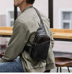 Casual Black Leather Mens Sling Bag Chest Bag Black Sling Shoulder Bag One Shoulder Backpack for Men