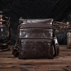 Black Cool Leather 8 inches Small Zipper Messenger Bag Vertical Shoulder Bag Brown Side Bag For Men