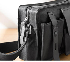 Black Cool Leather Mens 10inches Courier Bag Postman Bag Black Messenger Bags Side Bag for Men