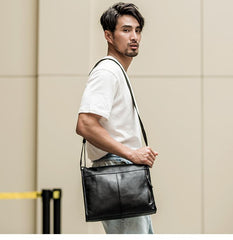 Fashion Black Leather Mens 12 inches Side Bag Messenger Bags Black Postman Bag Courier Bag for Men