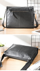 Fashion Black Leather Mens 12 inches Side Bag Messenger Bags Black Postman Bag Courier Bag for Men