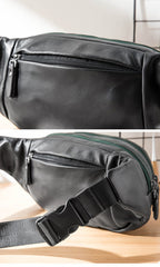 Cool Black Leather Mens Chest Bag Waist Bag Sling Bags Black Fanny Pack for Men