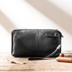 Black Leather Mens Long Zipper Clutch Wallet Wristlet Bag Long Wallet Phone Purse for Men